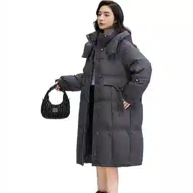 鸭鸭 纯色连帽口袋中长款休闲长袖羽绒服 女款