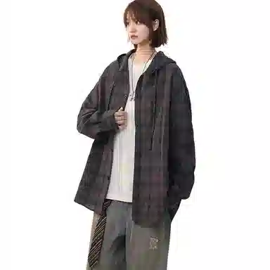 佑麟 美式复古连帽格子衬衫男长袖潮牌情侣泡泡纱衬衣夏季薄款防晒外套上衣 男女同款