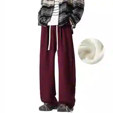 美式复古纯色基础款中腰拼接明线褶皱弯刀裤加绒加厚裤子宽松大码卫裤直筒阔腿休闲长裤简约百搭重磅垂感针织运动裤 男女同款