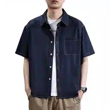 遨宇 夏季 美式休闲复古多口袋缉明线重磅牛仔工装短袖衬男五分袖衬衣休闲外套衬衫 宽松型 男女同款
