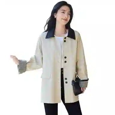 VICTORIA&VERA Spring Minimalist Plaid Trench Coat Beige