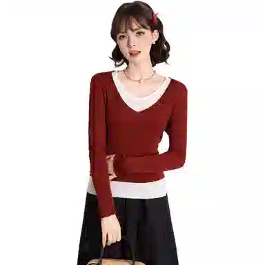 法文箱子 拼色假两件拼接长袖毛衣 女款