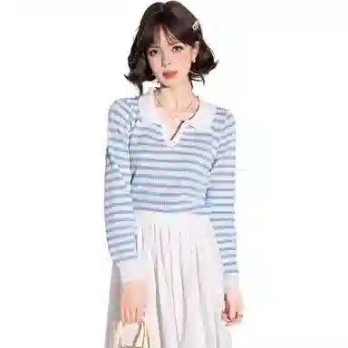 法文箱子 拼色条纹翻领长袖针织衫 女款