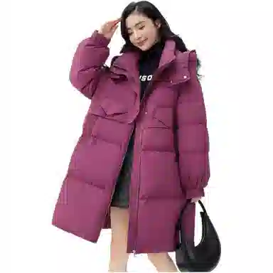 鸭鸭 纯色宽松连帽中长款羽绒服 女款 黑色