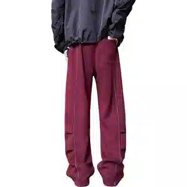 美式复古纯色基础款中腰拼接明线褶皱弯刀裤加绒加厚裤子宽松大码卫裤直筒阔腿休闲长裤简约百搭重磅垂感针织运动裤 男女同款