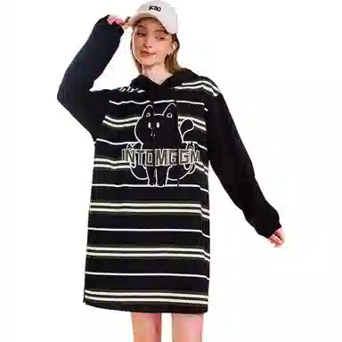 木果果木 中长款复古条纹小众连帽宽松长袖连衣裙 女款 军绿条