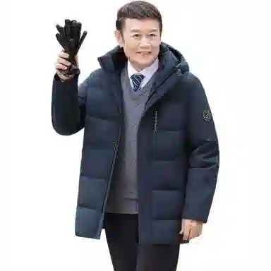 鸭鸭 中长款纯色连帽拉链长袖羽绒服 男款