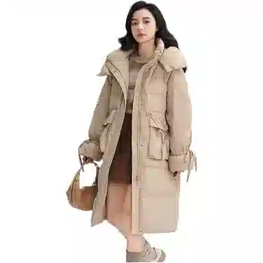 鸭鸭 纯色口袋连帽中长款长袖羽绒服 女款