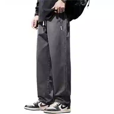 人本 纯色中腰宽松直筒系带休闲裤 男女同款 黑色