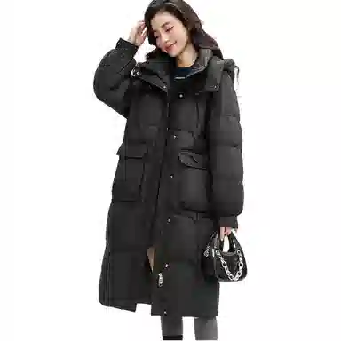鸭鸭 连帽长款纯色宽松羽绒服 女款