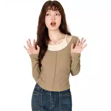 法文箱子 拼色假两件拼接长袖针织衫 女款