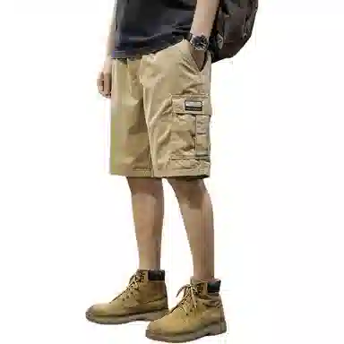 前进牛 美式休闲高街复古潮牌褶皱凉感简约绣标大口纯棉运动休闲中裤宽松直筒大码五分裤工装短裤 男女同款