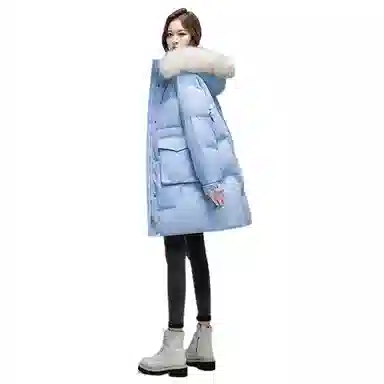 鸭鸭 纯色毛领连帽拉链中长款长袖羽绒服 女款