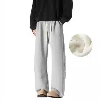 美式复古纯色基础款中腰拼接明线褶皱弯刀裤加绒加厚裤子宽松大码卫裤直筒阔腿休闲长裤简约百搭重磅垂感针织运动裤 男女同款