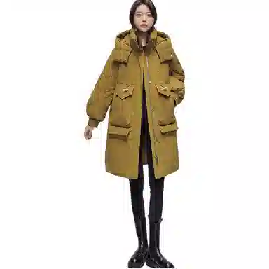 鸭鸭 纯色口袋连帽宽松中长款羽绒服 女款