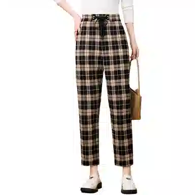 粉红玛琍 简约高腰系带休闲裤 女款 黑格