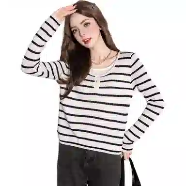 法文箱子 休闲条纹圆领长袖针织衫 女款