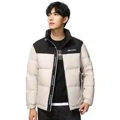 鸭鸭 时尚韩版字母拼色满印短款立领户外休闲防寒面包羽绒服 男款
