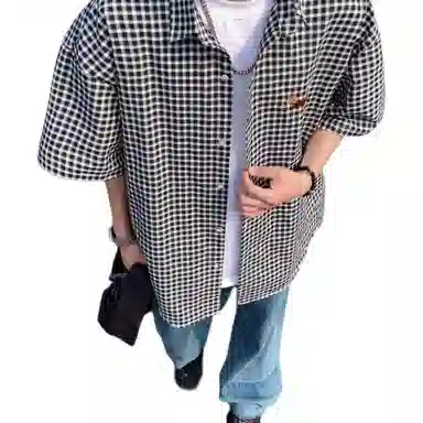 袋鼠 简约设计格子宽松小狗刺绣百搭格子短袖衬衫 男女同款