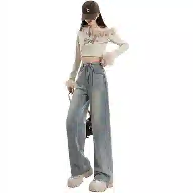 么宁 复古水洗做旧阔腿高腰宽松毛边牛仔裤 女款