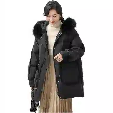 鸭鸭 纯色连帽毛领拉链中长款长袖羽绒服 女款