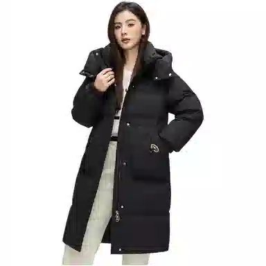 鸭鸭 纯色连帽口袋中长款长袖羽绒服 女款