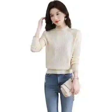 恒源祥 半高领花边蕾丝拼接打底纯色长袖针织衫 女款