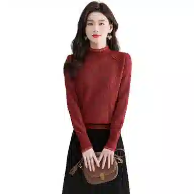 恒源祥 半高领花边蕾丝拼接打底纯色长袖针织衫 女款