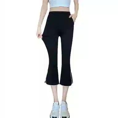 兰缪 高腰显瘦大码夏拼接小个子开叉微喇叭设计休闲短裤 女款