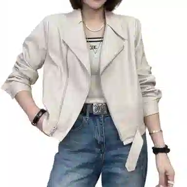 桴生 韩系炸街西装领拉链翻领短款合身简约长袖皮衣 女款