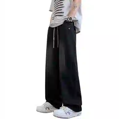 顶峰保罗 撞色抽绳凉感透气美式弯刀直筒长裤复古潮流情侣薄款宽松休闲小众百搭大码阔腿牛仔裤 男女同款