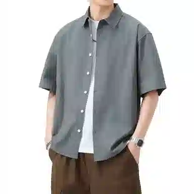 帝狼牛 极简风潮牌休闲纯色翻领纯棉透气吸汗宽松百搭短袖衬衫 男女同款