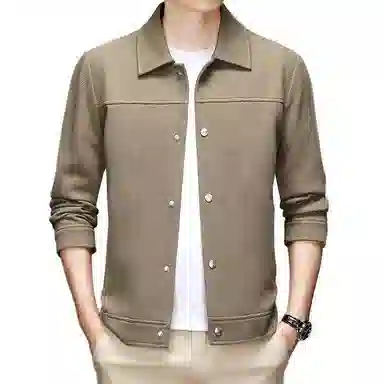 美力城 纯色基础款简约拼接暗扣针织宽松百搭休闲设计感保暖翻领夹克外套 男款