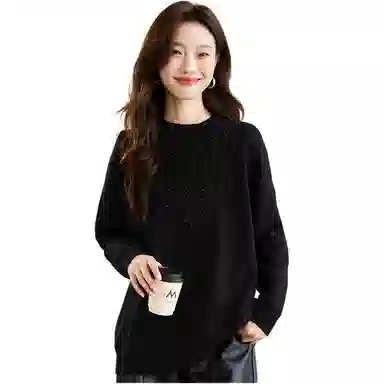 曲韩 慵懒风蕾丝圆领打底长袖毛衣 女款