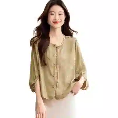 曲韩 气质高贵新中式印花灯笼袖九分袖圆领衬衫 女款