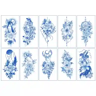 馨枕居  蝴蝶草本纹身贴高级感仿真刺青色花朵蓝色性感纹身贴纸