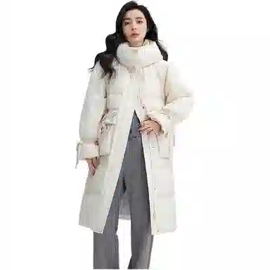 鸭鸭 纯色口袋连帽中长款长袖羽绒服 女款