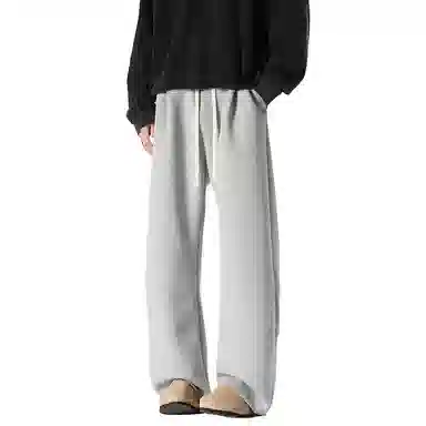 美式复古纯色基础款中腰拼接明线褶皱弯刀裤加绒加厚裤子宽松大码卫裤直筒阔腿休闲长裤简约百搭重磅垂感针织运动裤 男女同款