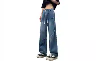 美式复古高街风显高显瘦垂感休闲阔腿经典百搭褶皱设计纯色基础款中腰潮流百搭抽绳宽松直筒裤做旧简约舒适系带牛仔裤 男女同款