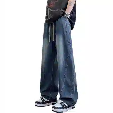顶峰保罗 撞色抽绳凉感透气美式弯刀直筒长裤复古潮流情侣薄款宽松休闲小众百搭大码阔腿牛仔裤 男女同款
