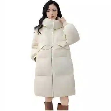 鸭鸭 纯色宽松连帽中长款羽绒服 女款 黑色