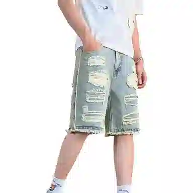 捷帕 美式复古做旧乞丐破洞毛边五分裤高街潮牌痞帅弯刀水洗宽松中腰户外运动通勤休闲百搭牛仔短裤 男女同款
