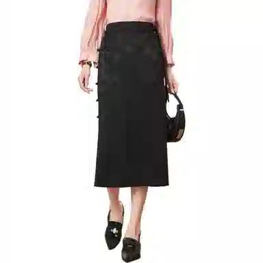 粉红玛琍 修身高腰简约休闲长裙 女款 黑色