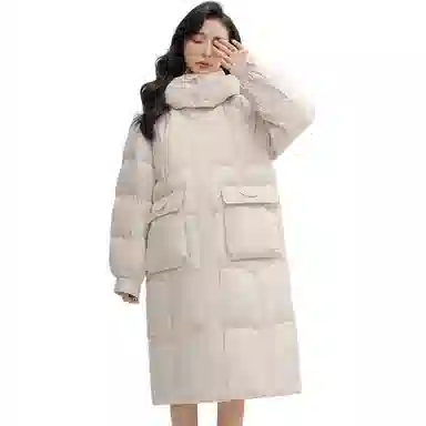 鸭鸭 连帽长款纯色宽松羽绒服 女款