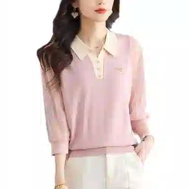 曲韩 翻领拼色蕾丝七分袖女针织衫 女款