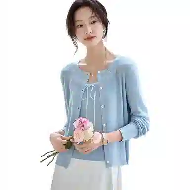 曲韩 针织开衫配吊带两件套纯色常规长袖休闲套装 女款