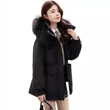 鸭鸭 小香风百搭连帽保暖中长款长袖羽绒服 女款