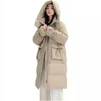 鸭鸭 纯色口袋连帽中长款长袖羽绒服 女款