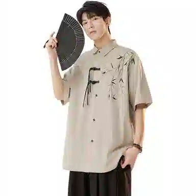 顶峰保罗 新中式竹子盘扣薄款国风宽松百搭无性别主义垂感休闲复古肌理感刺绣痞帅潮牌透气短袖衬衫 男女同款