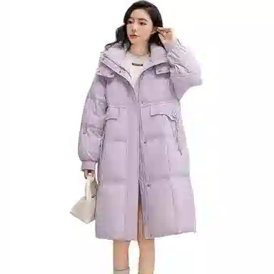 鸭鸭 纯色连帽口袋中长款休闲长袖羽绒服 女款